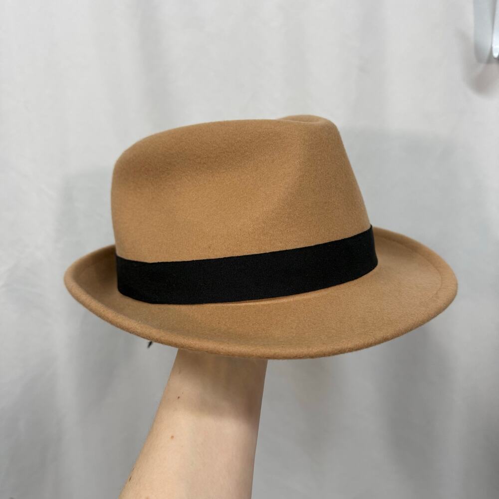 Vintage Beige Camel 100% Wool Short Brim Fedora Black Ribbon Band Unbranded